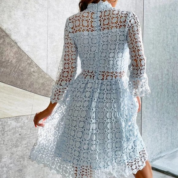 Mesh Insert Mock Neck Flounce Sleeve Lace Dress Blue - Picture 3 of 7